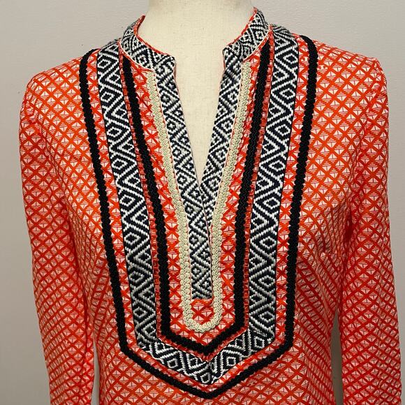 Tory Burch Women’s Tunic Top Cotton Classic Modern Size 6 Orange White Navy - Picture 4 of 12